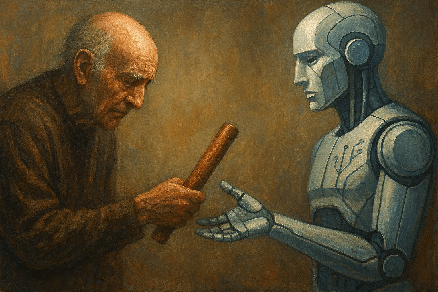Image generated by Microsoft Copilot. Conceptual artwork depicting the symbolic handoff from human wisdom to artificial intelligence. Image generated by Microsoft Copilot. Conceptual artwork depicting the symbolic handoff from human wisdom to artificial intelligence.